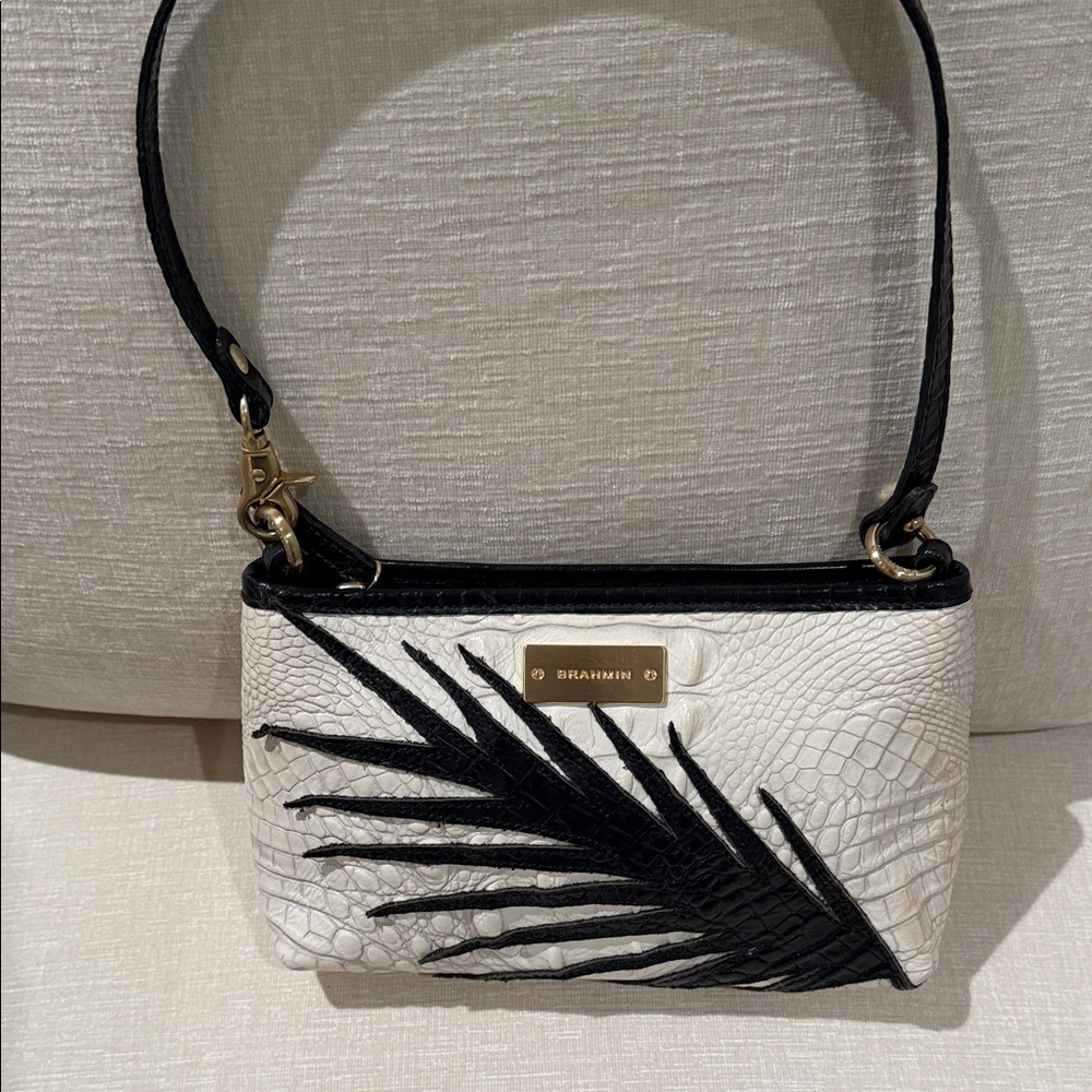 Brahmin White Leather Shoulder Bag with Black Palm Leaf Appliqué